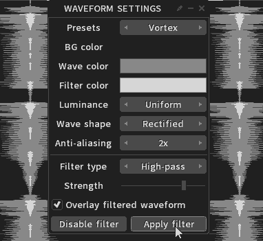 Dithered screenshot of AV window settings, with the cursor moused over Apply filter